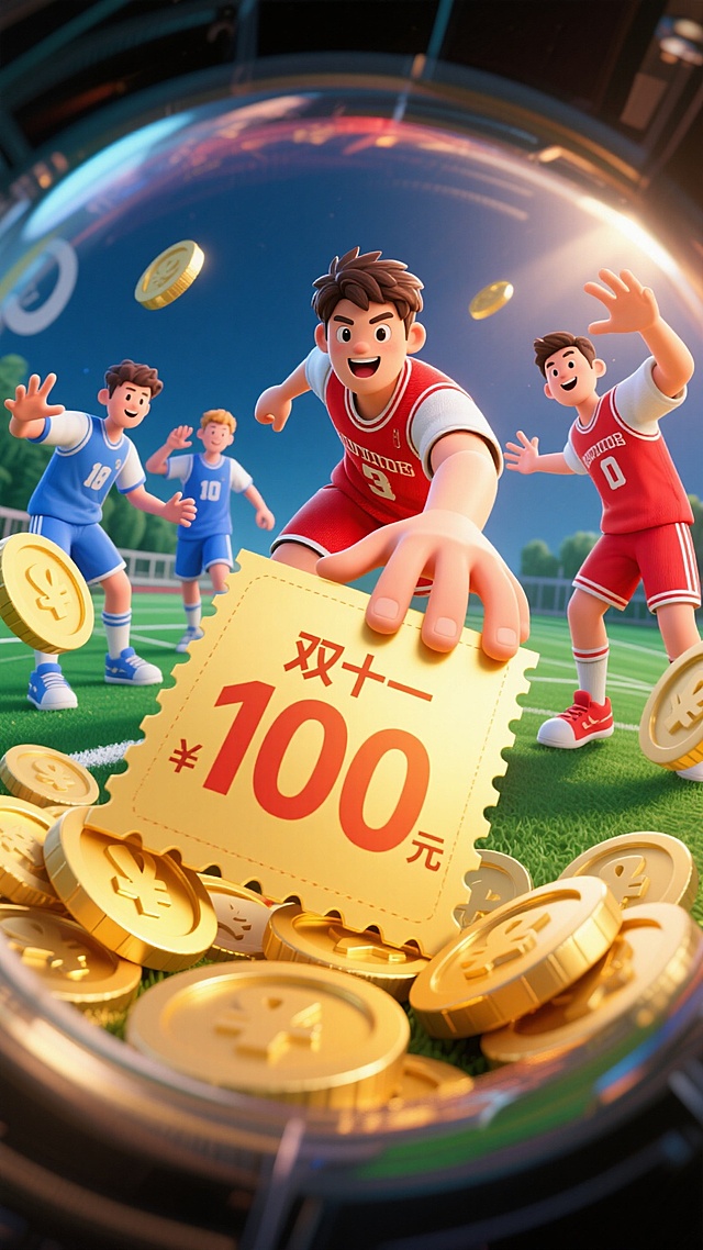 强烈鱼眼镜头畸变，视觉冲击力强，大幅度夸张动作，比例夸张。画面前景中，一张写着“双十一100元”的金色的劵（因为角度的原因，劵看起来很大）被一名身穿红色球服的年轻男子伸到前面抢到，左边2个穿着蓝色球服的年轻男子和右边1个红色球服的年轻男子都伸出手抢夺。画面围绕着金币。