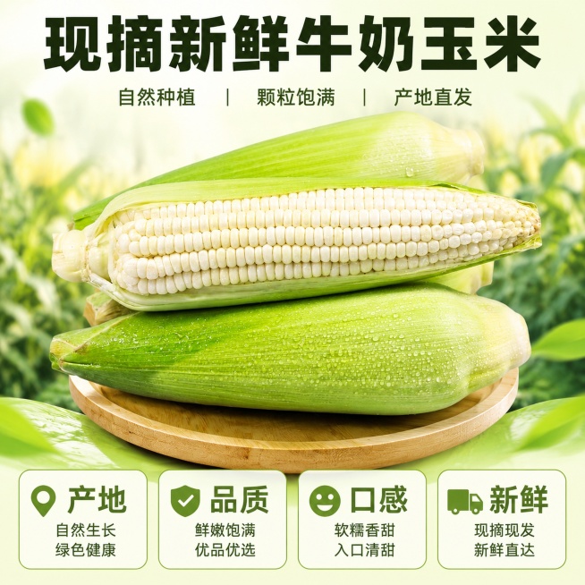 [单张主图] 新鲜现摘牛奶白玉米，拼多多爆款促销感主图，同时承担点击、理解、信任、转化任务，3秒内传达产品和核心优势
[参考比对] 参考图为顶部大标题+四格卖点分区块版式，顶部放主标题，下方分四个区块预览效果