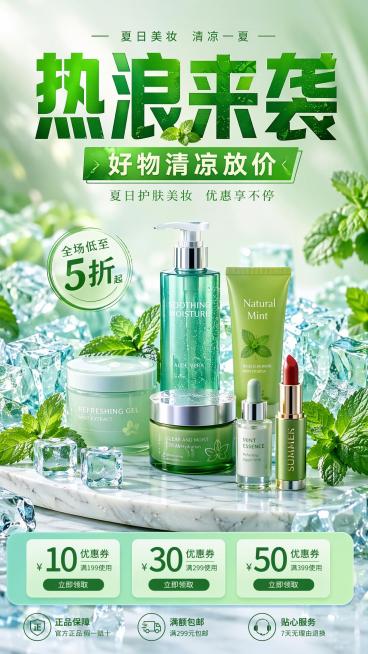 高饱和绿色系夏日清凉化妆品促销海报，主标题"热浪来袭"，副标题"好物清凉放价"，整体高饱和度绿色调，背景搭配冰块和新鲜薄荷叶，前景展示多款夏季护肤化妆品，摆放于浅白色大理石台面，光影清新通透，排版精美预览效果