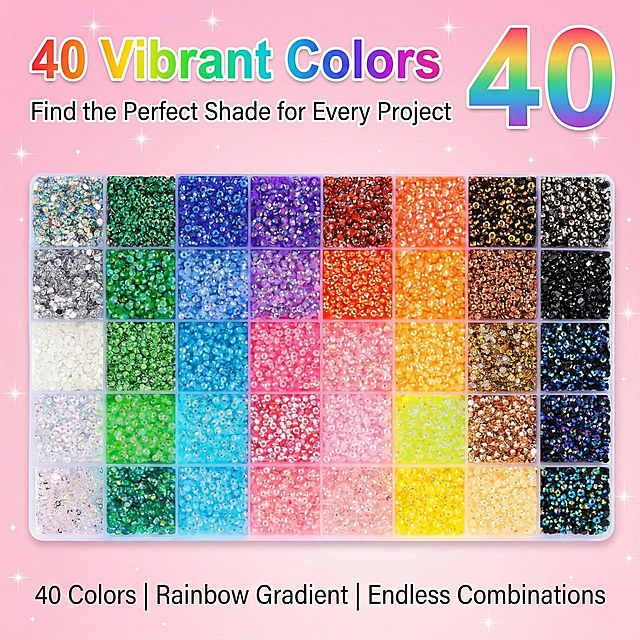 1:1 square, color showcase, strictly restore the uploaded product image including the 40-color storage box, all details of design, color arrangement, material; product appearance must be exactly the same as the reference image, no changes to packaging design, color scheme or brand elements; maintain the real material texture (transparent plastic storage box, high-gloss resin rhinestones). Main title: "40 Vibrant Colors" (large, bold sans-serif font, rainbow gradient), subtitle: "Find the Perfect Shade for Every Project" (soft sans-serif font, white). Layout: storage box occupies 80% of the frame, rainbow rhinestones neatly arranged from left to right: silver, green, blue, purple, red, orange, black, etc.; top right corner features a large rainbow gradient number "40" for visual emphasis; background is a soft pink gradient, dotted with sparkling starbursts; bottom uses sans-serif font to list: "40 Colors | Rainbow Gradient | Endless Combinations". Center-focused layout, high color saturation, strong visual impact. Design emphasis: visualized color richness, prominent kawaii style, captures user demand for diversity within 30 seconds, unified overall style. Visual style: American rainbow kawaii aesthetic.