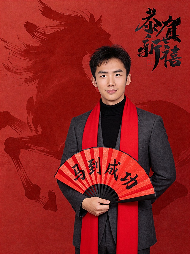国潮风融合水墨马影，红黑双色设计彰显喜庆与中式韵味，手持“马到成功”折扇，传递新春祝福。