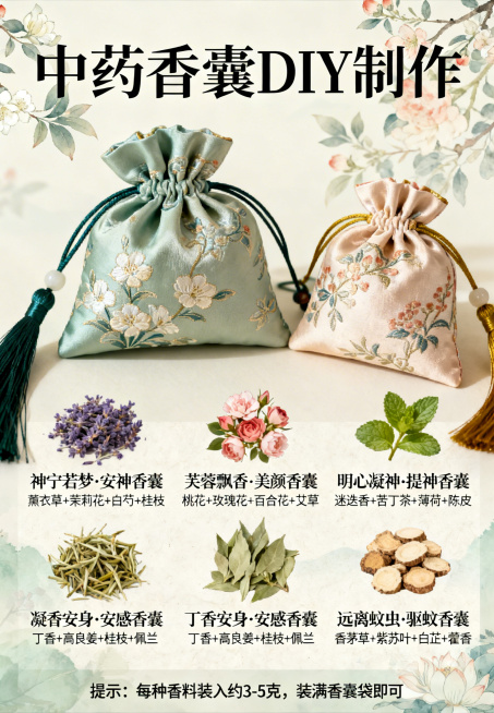 中国风中药香囊DIY制作海报，包含完整文案：标题为"中药香囊 DIY制作"，下方依次列出五种配方："神宁若梦·安神香囊 薰衣草+茉莉花+白芍+桂枝"、"芙蓉飘香·美颜香囊 桃花+玫瑰花+百合花+艾草"预览效果
