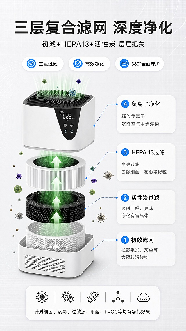 [商品] 参考【图1】的滤网分层展示版式和【图2】的产品外观；顶部主机为瑞沃弗MAK-T正确外观：方形白色机身、黑色顶部螺旋风口、正面黑色数显面板显示PM2.5数字；下方三层滤网为圆状圆柱形，从下到上依次为：①初效滤网（白色圆筒网状）、②活性炭过滤层（黑色圆筒蜂窝状）、③HEPA 13过滤层（白色圆筒褶皱状）；每层之间有间隙，配绿色气流从下往上穿过滤网，周围漂浮细菌、粉尘、病毒、甲醛等彩色污染物微粒；最底部还有白色方形底座/进风外壳，体现方形外壳包裹圆形滤网的结构。
[画面] 目标：重新生成滤网技术解析页，严格参考【图1】的版式结构和分层方式。构图：左侧产品竖向分层爆炸图占55%，右侧4层文字说明（含顶部负离子净化）竖向排列占45%，每层用虚线引线连接对应滤网层。背景为浅灰白渐变带细微科技网格，清新绿色气流效果。阅读动线从左到右，从产品分层到右侧编号说明。
[视觉] 套系策略：风格=国内电商科技清新风商业摄影；标题字=现代无衬线粗黑体；正文字=简洁无衬线体；主色=纯净白+浅灰；背景延展=基于白灰做深浅层级、同色渐变和细腻磨砂/纸张质感；强调色=科技蓝(#2E7FFF)，仅用于小面积图标、引线、标签和数字高亮；标题色=深炭灰；正文色=中暖灰；组件=圆角浅底信息卡、细线引线、胶囊形卖点标签；光影=左前侧柔和自然光+产品底部自然阴影。
[文字] 顶部主标题："三层复合滤网 深度净化"；副标题："初滤+HEPA13+活性炭 层层把关"；顶部3个胶囊标签："三重过滤"、"高效净化"、"360°全面守护"；右侧4层编号说明（从下往上）："① 初效滤网 拦截毛发、灰尘等大颗粒污染物"、"② 活性炭过滤 吸附甲醛、异味 净化有害气体"、"③ HEPA 13过滤 高效过滤 去除细菌、花粉等微粒"、"④ 负离子净化 释放负离子 沉降空气中漂浮物"；底部圆角信息卡配5个图标："针对细菌、病毒、过敏源、甲醛、TVOC等均有净化效果"；文字全部横向排版。
[规格] 图片比例9:16竖版，4K，避免变形、错字、文字过小、滤网为方形（必须圆状圆筒形）、顶部主机外观错误、结构失真、医疗功效宣称、极限词。