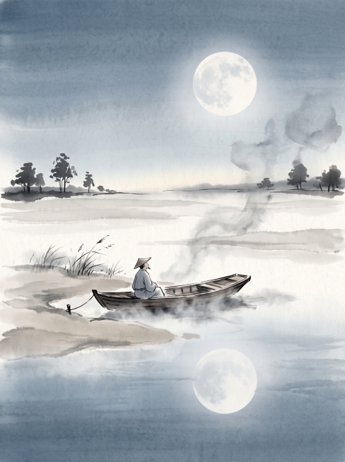 A small boat moored by a misty sandbank at dusk, thin fog rising from the river like a gauze veil, t预览效果