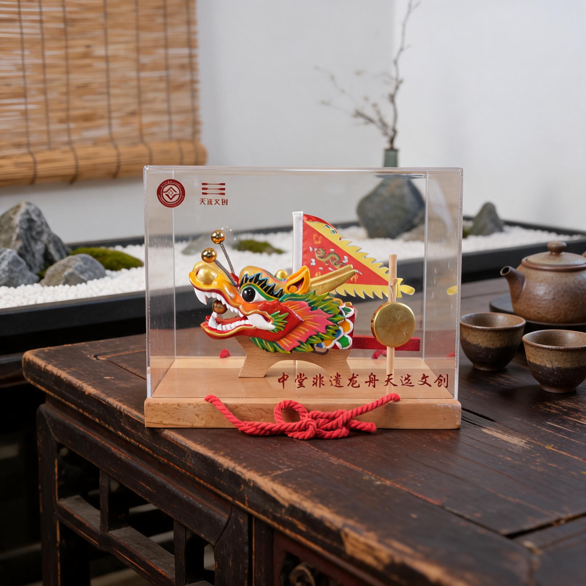 保留图中彩色龙头文创摆件（透明礼盒、木质底座、红绳、龙旗、铜锣… - 图片创意预览