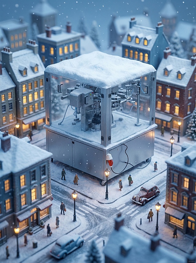 微缩景观写实风格，全景式分层构图。画面主视觉是巨型图示商品装置（覆着少量积雪），冬日城市街道场景，错落分布着积雪覆盖的楼房（暖黄灯光从窗内透出），有行人、车辆、路灯，空中飘着雪花。