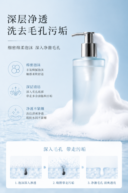 电商详情页功效页，突出这款洗面奶的深层清洁功效，展示洗面奶带出细密绵柔泡沫，主标题写"深层净透 洗去毛孔污垢"，保持浅蓝色干净简约高级风格，和前面产品风格保持一致不割裂，构图清晰突出功效特点预览效果