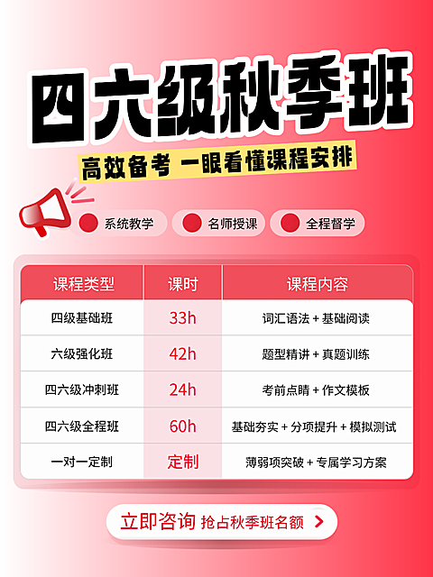 四六级秋季班教育培训宣传海报。画面展示四六级秋季班课程安排，包含四级基础班、六级强化班等类型及课时内容，粉色背景搭配大字风设计，适合培训机构招生使用。