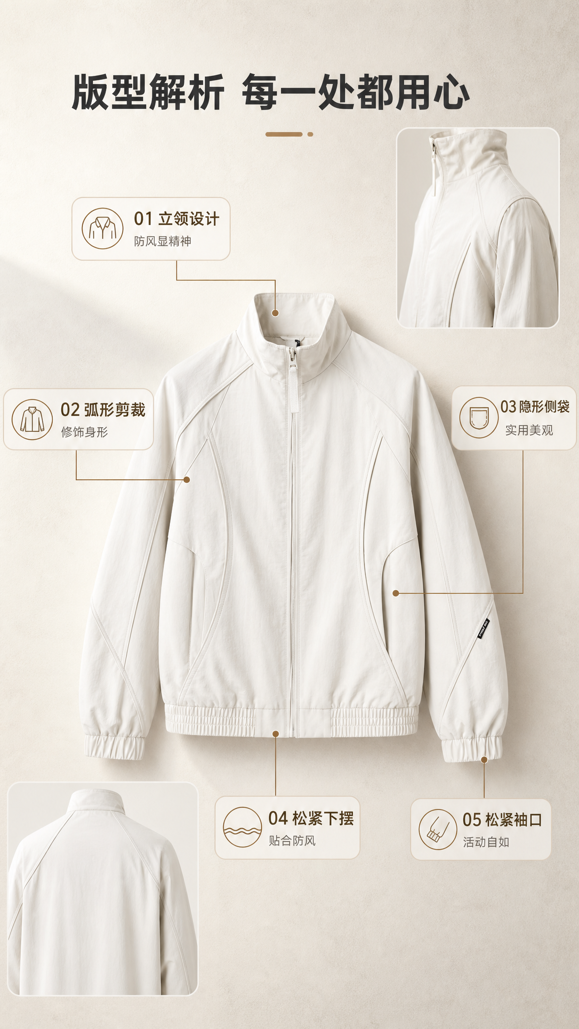 [商品] 使用【图1】米白色立领休闲夹克；商品处理：保留立领、… - 图片创意预览