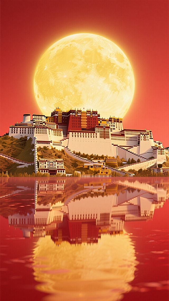 画面居中展示金色的布达拉宫剪影，背后是巨型的黄色圆月，底部有红色水面倒影，红色渐变背景