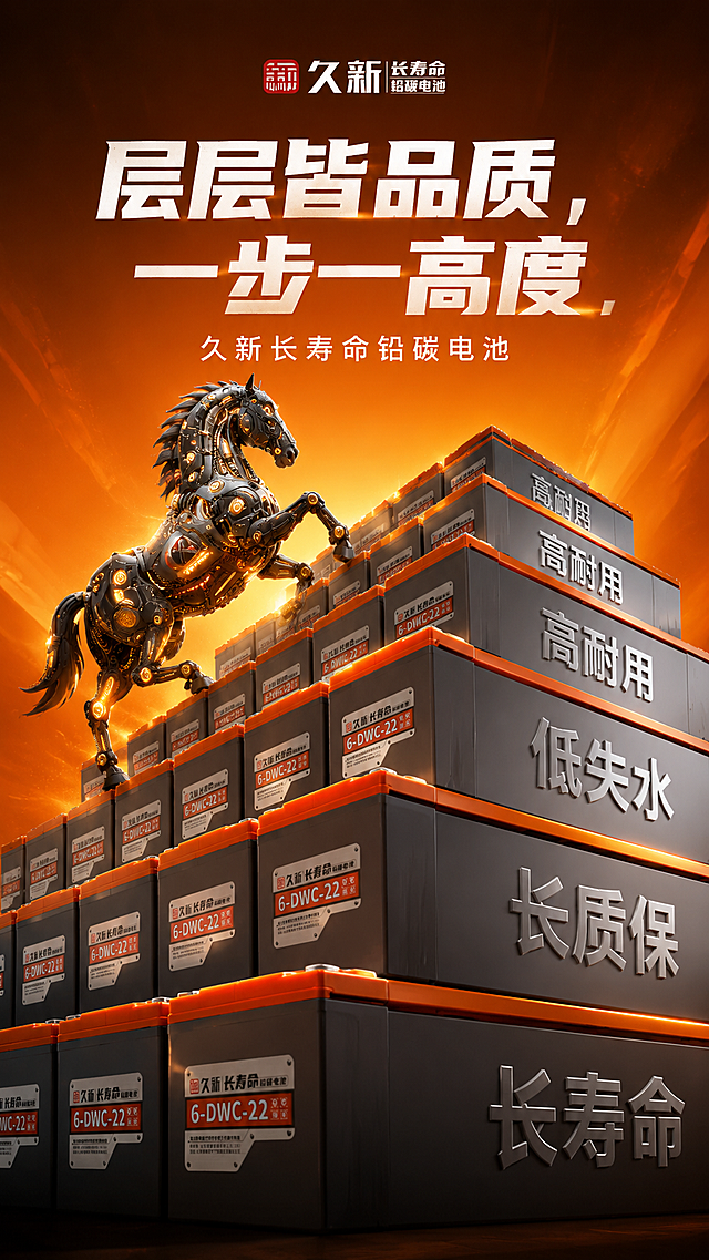 一张极具视觉冲击力的商业海报，呈现出「工业纪念碑」般的史诗感。背景颜色橙色系，极简深邃橙色渐变背景，隐约有能量放射线或粉尘细闪，突出主体。画面核心是由久新长寿命铅碳电池组成的4.5级侧面视角的宽阔阶梯，每一级均由数十块久新长寿命铅碳电池（保持参考图中橙色顶盖灰色塑壳，带“久新长寿命铅碳电池”字样的特征）侧面并排垒成，阶梯的侧面展示电池塑壳的正面，阶梯的正面展示电池塑壳的侧面，灰色的一面印上文字：长寿命、长质保、低失水、高耐用。一匹参考图中的铅锂机械马，正从底下沿着阶梯向上攀登，前蹄抬起，脖颈昂扬，呈现出即将登顶、征服巅峰的瞬间姿态。仰拍，超广角镜头，光影采用戏剧化的侧顶光与硬朗的明暗对比，影子锋利拉长。海报上方中央大字标语："层层皆品质，一步一高度"；小字："久新长寿命铅碳电池"。整体版式严谨、现代，带包豪斯与科幻写实主义混合气质