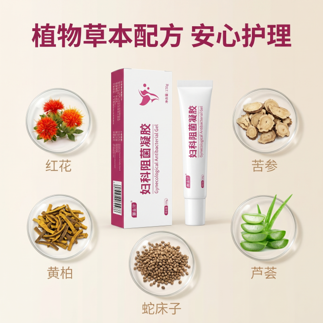 [主图 2] 妇科阻菌凝胶核心草本成分解析主图。[氛围风格] 自然纯净植萃风，柔和通透干净。[画质] 商业摄影质感，光线明亮自然，产品清晰真实，画面干净高级。[元素] 妇科阻菌凝胶产品居中展示，背景为预览效果