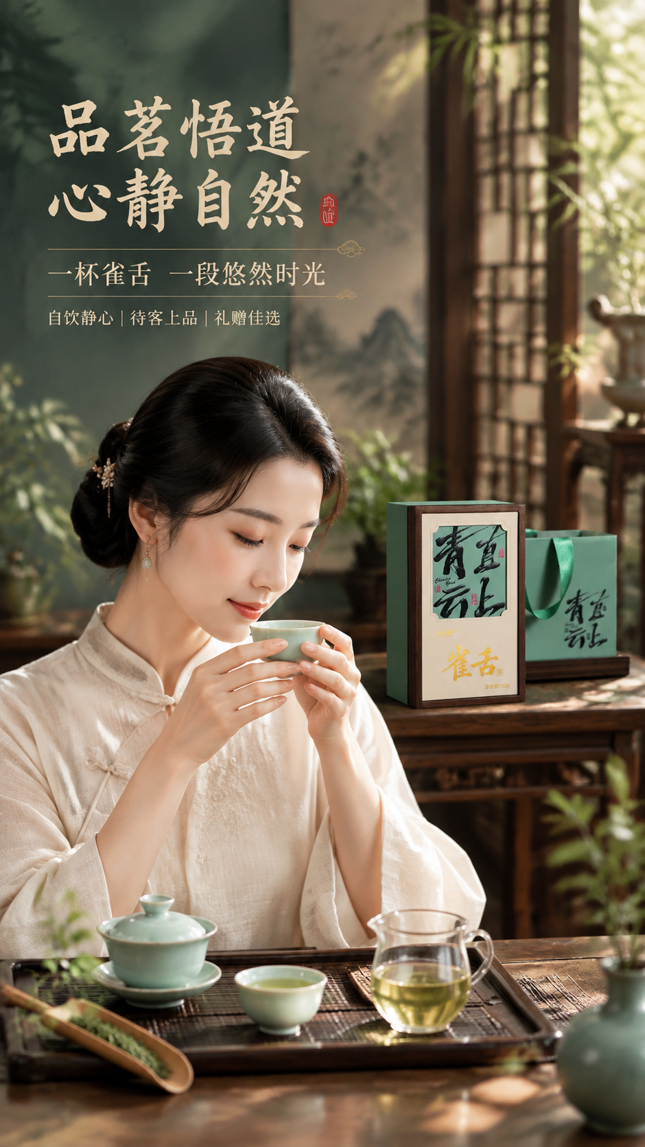 [商品] 使用【图1】青云直上雀舌绿茶礼盒，礼盒置于画面后方茶… - 图片创意预览