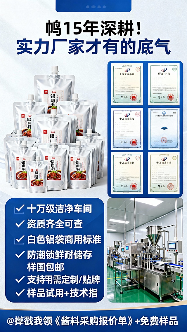 帮我生成图片：【封面图文案】​
🏭15 年餐饮酱料源头厂｜白色铝袋商用装​
米线 / 麻辣烫 / 火锅 / 拌面… 全品类底料一站齐✅​
# 商用酱料 #餐饮供应链 #开店必备​
【内文图 1：米线底料（白色铝袋 + 成品米线）】​
🍜餐饮人私藏的米线汤底王！​
15 年秘制配方，白色铝袋锁鲜包装​
骨汤 / 香辣 / 番茄 3 种口味任选​
熬煮后汤色浓郁挂壁，米线吸满汤汁​
👉5kg 商用装 + 1kg 试用装都有​
新手开店也能低成本试错，回头客暴涨！​
【内文图 2：麻辣烫底料（白色铝袋 + 成品麻辣烫）】​
🌶️麻辣烫店爆单密码就在这袋里！​
白色铝袋防潮锁鲜，麻辣鲜香超入味​
微辣 / 中辣 / 特辣可定制，适配不同客群​
涮菜裹满酱汁，顾客越吃越上头​
🔥2000 + 麻辣烫店长期回购款​
【内文图 3：火锅底料（白色铝袋 + 火锅成品）】​
🥘火锅店核心竞争力！白色铝袋商用装​
牛油 / 清汤 / 番茄 / 菌汤 10 + 口味全覆盖​
纯手工慢熬，越煮越香不浑汤​
✅支持 OEM 贴牌，打造专属品牌​
大包装性价比拉满，连锁门店都在囤​
【内文图 4：拌面酱（白色铝袋 + 成品拌面）】​
🍝8 种爆款拌面酱！白色铝袋便携装​
葱油 / 麻酱 / 香辣 / 藤椒… 闭眼搭不踩雷​
酱体浓稠易拌匀，面条根根入味​
便利店 / 面馆 / 外卖店批量进货首选​
💰小成本高毛利，客单价轻松提​
【内文图 5：铝袋合集 + 厂家实力（铝袋堆头 + 资质证书）】​
🏭15 年深耕！实力厂家才有的底气​
✅十万级洁净车间，资质齐全可查​
✅白色铝袋商用标准，防潮锁鲜耐储存​
✅样品试用 + 技术指导 + 全国包邮​
✅支持按需定制 / 贴牌，满足不同需求​
📩戳我领《酱料采购报价单》+ 免费样品