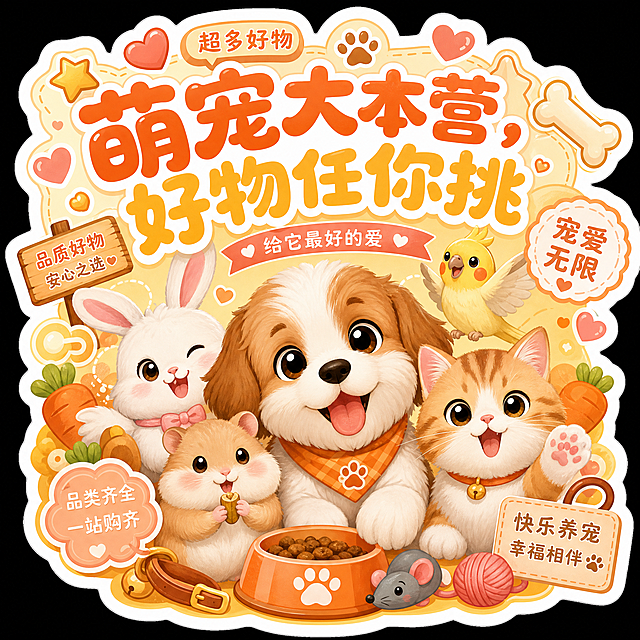 宠物宣传主题异形贴纸，中心多只卡通小宠物集合，边缘异形抠图贴合方形轮廓，圆润大字主标题"萌宠大本营，好物任你挑"，暖色调，边角点缀骨头爪印胡萝卜爱心，热闹温馨