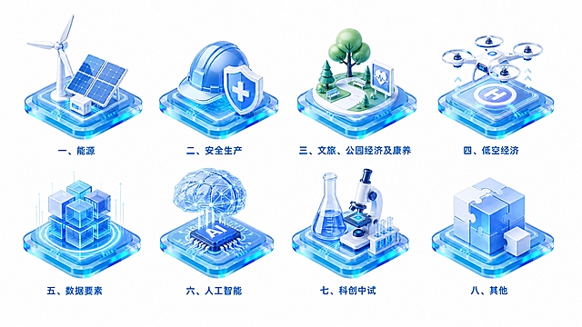 参考图中的3D立体等距科技图标风格（蓝白渐变玻璃质感、发光底座、等距视角、精致3D渲染），设计8个同风格的独立立体图标，整齐排列在16:9白色背景画面中，每个图标下方标注对应中文名称。8个图标主题分别为：一、能源（风力发电机+太阳能元素）；二、安全生产（安全帽+防护盾牌元素）；三、文旅、公园经济及康养（绿树+公园步道+康养元素）；四、低空经济（无人机+低空飞行元素）；五、数据要素（数据立方体+数据流元素）；六、人工智能（AI芯片+神经网络大脑元素）；七、科创中试（实验室烧瓶+科研设备元素）；八、其他（多功能组合方块/拼图元素）。所有图标统一蓝白科技配色、玻璃磨砂质感、发光底座、等距3D视角、设计语言高度统一、白色纯净背景、4K超清渲染