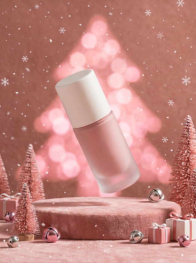3D微缩艺术风，粉红绒面质感与毛发生长纹理交织，梦幻雪景中悬浮的瓶身透出甜美温馨，圣诞元素点缀，节日氛围浓郁。