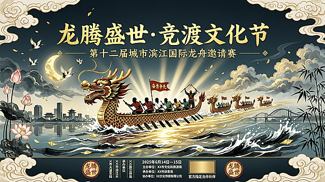 国潮风融合工笔与鎏金技法，龙舟竞渡激荡光影，水墨意境中展现中式古典之美，热血励志，梦幻唯雅，传递民族精神。