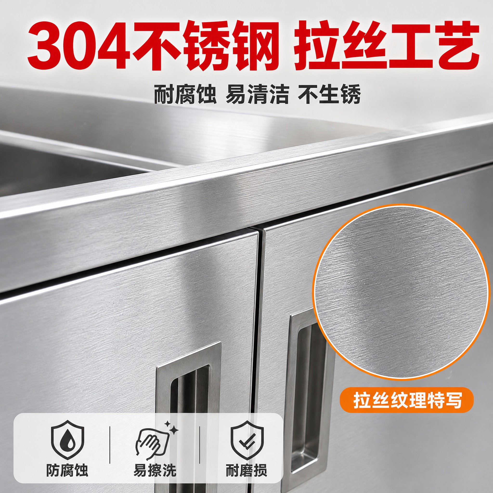 [主图-3] 不锈钢水池柜操作台 材质与工艺细节 不锈钢拉丝纹… - 图片创意预览