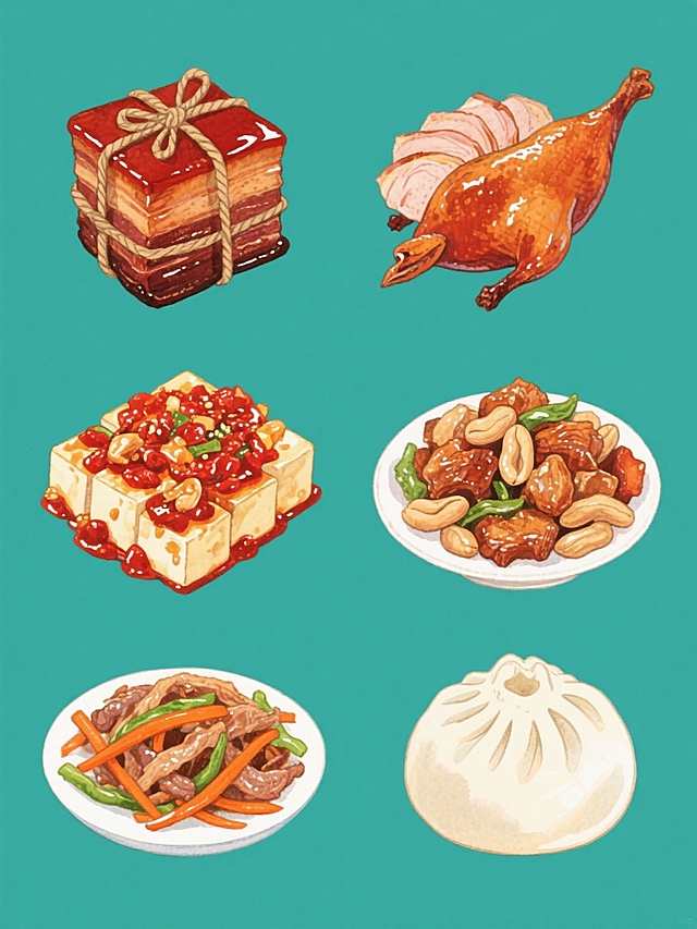 一组6个中国传统美食的插画集合，保持与原图一致的手绘水彩风格，厚重笔触与明亮色彩，每个美食都有高光和阴影细节，纯色背景，规整排布。包含：东坡肉（用麻绳捆绑的方形红烧肉）、北京烤鸭（片好的鸭皮带有脆皮光泽）、麻婆豆腐（红色豆瓣酱覆盖的嫩豆腐块）、鱼香肉丝（胡萝卜丝、青椒丝和肉丝的混合）、宫保鸡丁（花生米和鸡肉块的组合）、小笼包（褶皱分明的白色包子）。