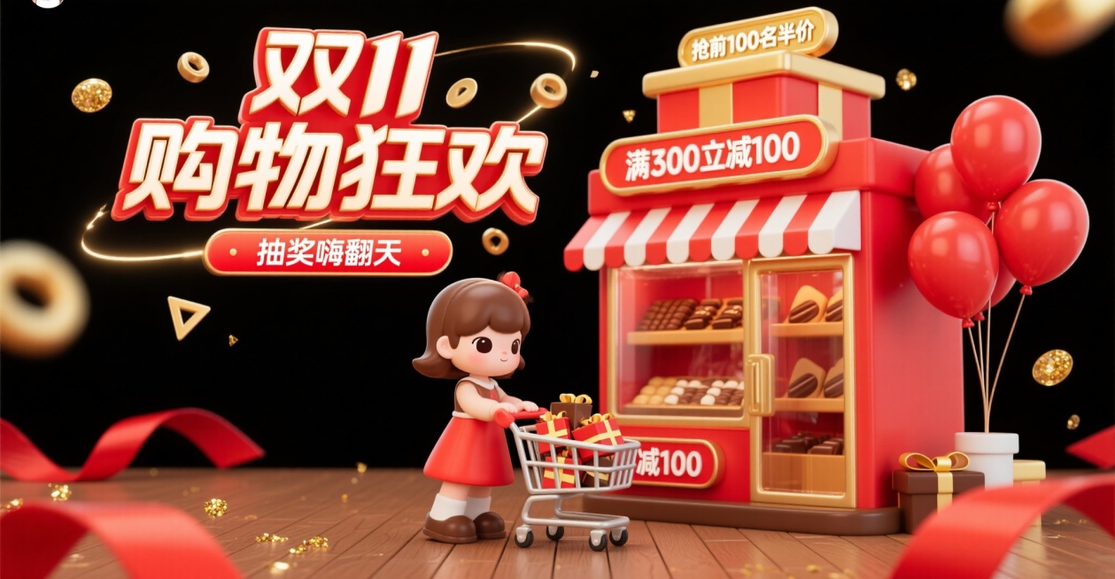 3D Q版迷你风格双十一海报，穿红棕色裙子的女生推装满巧克力礼盒的购物车，站在棕色木地板上。右侧是巨型气球巧克力礼盒建筑：红色盒体，顶部圆形金色店招牌，透明气球窗户内可见多层巧克力展示架。主色调红色、预览效果