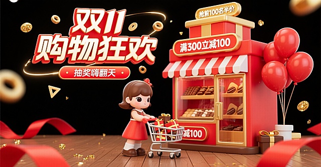 3D Q版迷你风格双十一海报，穿红棕色裙子的女生推装满巧克力礼盒的购物车，站在棕色木地板上。右侧是巨型气球巧克力礼盒建筑：红色盒体，顶部圆形金色店招牌，透明气球窗户内可见多层巧克力展示架。主色调红色、棕色与金色，色彩鲜亮。上层3D立体主标题“双11购物狂欢”（金色描边+红色填充，厚重立体），下层红色横幅副标题“抽奖嗨翻天”（白色无衬线字体）。标题周围漂浮金色几何图形（圆形、三角形）与能量光线，顶部有金色圆角矩形标签“抢前100名半价”（白色文字），底部红色标签“满300立减100”（白色文字）。画面点缀红色丝带与金色闪光粒子，布局平衡饱满，空间层次清晰，干净现代充满节日活力