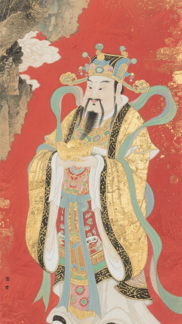 财神正面全身画像，年画风格，红色背景预览效果