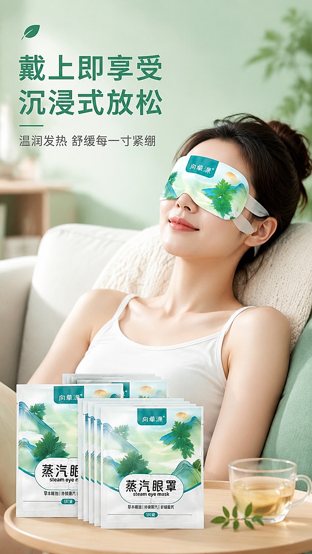[第5屏] 人物使用展示-女性佩戴蒸汽眼罩的放松状态。本屏使用【图1】作为产品参考，眼罩外观和包装保持一致。
[氛围/风格] 舒适生活化场景，温馨放松，真实自然，商业人像质感。
[元素布局] 年轻亚洲女性半身入镜，肩部以上，斜靠在沙发上，佩戴蒸汽眼罩，面部放松表情舒适；眼罩产品包装放在画面下方作为展示。人物占画面约60%，背景为简约浅青色客厅沙发场景。
[光影质感] 柔侧光，面部光线均匀柔和，背景轻微虚化，突出人物放松状态和眼罩主体。
[配色色系] 全局底色 #e8f5ed；主色青绿色 #36a269；辅助色沙发浅木色、靠垫浅灰色。
[视角构图] 平视半身构图，人物偏右，左侧预留背景空间，阅读动线从上到下，人物→产品→文案。
[文字版式] 左上角标题「戴上即享受 沉浸式放松」，左下角副标题「温润发热 舒缓每一寸紧绷」，文字浅色背景不遮挡人物，清晰可读。
[比例分辨率] 9:16 竖版比例，4K分辨率，文字清晰可辨，高清画质。
[负向提示词] 人物表情怪异，眼罩变形，颜色偏差，背景杂乱，文字遮挡人物