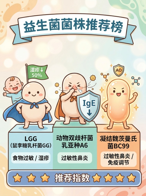 科普插画风格，“益生菌菌株推荐榜”主题。三款菌株以拟人化英雄形象排成一排展示。左一为LGG（鼠李糖乳杆菌GG），头顶有“湿疹↓50%”小旗子，身边有婴儿卡通形象，标注“食物过敏/湿疹”。中间为动物双歧预览效果
