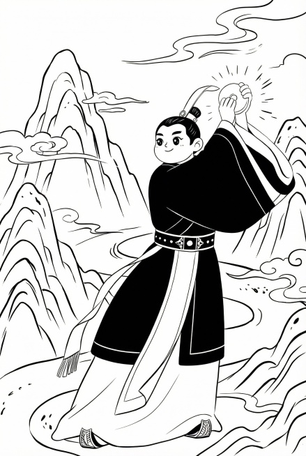 将画面转换为线稿风格，保留人物动作和山水元素，线条清晰流畅预览效果