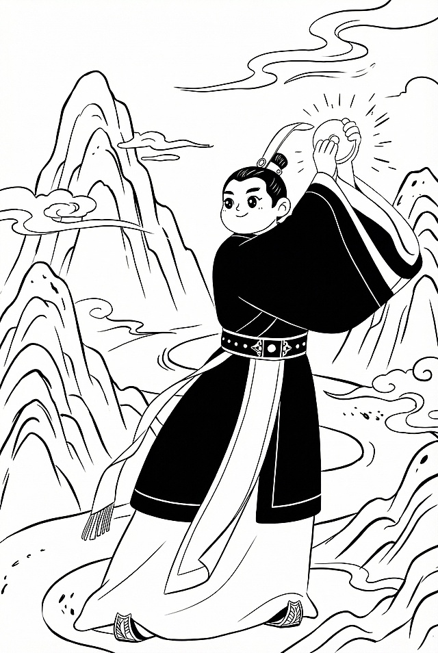 将画面转换为线稿风格，保留人物动作和山水元素，线条清晰流畅