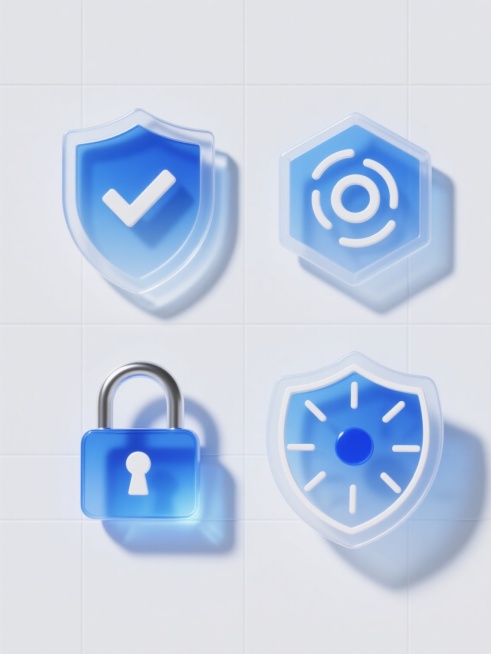 4个防护元素系列素材集合，保持统一的蓝色渐变半透明3D玻璃质感风格，元素边缘有白色高光轮廓，整体悬浮于白色纯色背景上，规整矩形网格排布。第一个元素是经典盾牌造型，中央有白色对勾符号；第二个元素是六边形防护罩，内部有白色环形防御波图案；第三个元素是锁形图标，锁身呈现立体金属光泽，钥匙孔处有蓝色微光；第四个元素是圆形护盾，表面有白色放射状防御线条，中心为蓝色圆点。所有元素均保持一致的光影效果，右侧……预览效果