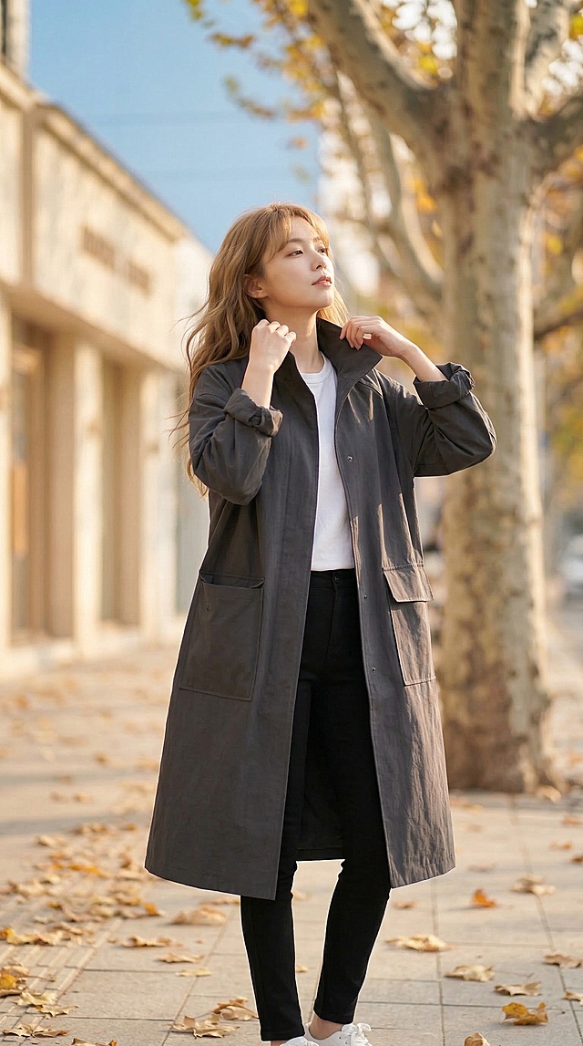 抖音女装带货商业人像摄影，索尼A7M4拍摄，50mm f1.8大光圈，浅景深背景虚化，韩系松弛感街拍风格，秋日暖调柔和侧逆光，色彩通透自然，服装面料质感清晰可见。模特为168cm清冷感韩系女生，浅棕亚麻大波浪卷发，空气感碎发，淡伪素颜妆，眉眼舒展，气质慵懒随性，保持模特样貌不变。动作：站在梧桐树下，双手轻轻抓着风衣领口，微微仰头感受阳光，发梢被风轻轻吹起，表情放松自然。服饰细节：上身穿着深炭灰色立领中长款oversize风衣，落肩宽松版型，单排暗扣门襟，双侧大贴袋，挺括垂坠防风面料，袖口自然挽起；内搭基础款圆领白色T恤，下身搭配黑色紧身显瘦鲨鱼裤，脚穿白色小白鞋。场景：秋日午后的城市梧桐街道，铺满金黄落叶的人行道，背景是浅米色沿街店铺，澄澈的蓝天，下午3点黄金时刻的柔和阳光，画面干净整洁，无多余杂物，重点突出风衣版型和上身效果。