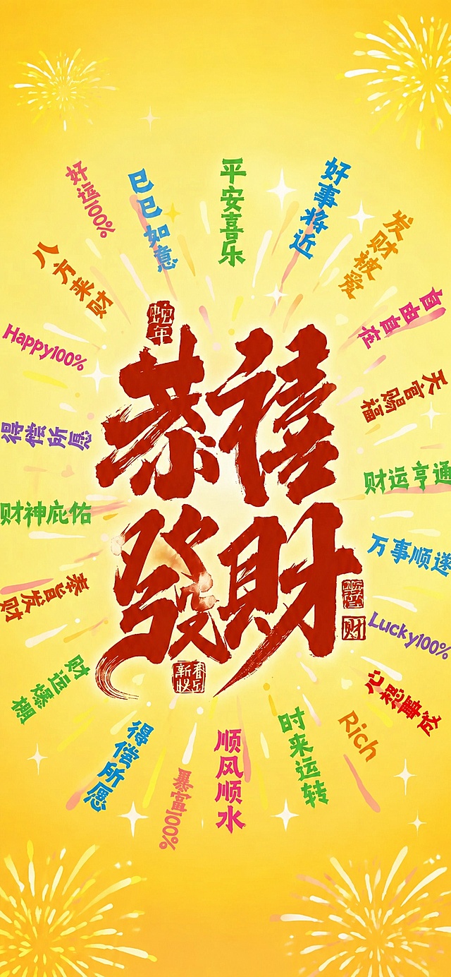 将图中所有文字字体全部替换为可商用的书法字体，主标题“恭喜发财”和周围所有祝福语、印章文字都使用可商用的书法字体，保持原有文字内容、颜色、放射排版位置和黄色背景烟花效果不变，确保所有字体均可商用无版权风险