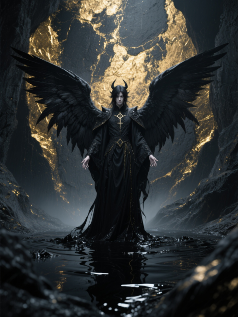 正面 cosplay 阴郁风格的堕天使在深渊之下，黑色液体在脚下缓缓流淌，审判者姿态。画面有镜头模糊效果和强烈的颗粒感，呈现磨砂质感，微光笼罩天使，展现出笔墨触感和肌理质感，金丝纹理点缀，高饱和度的色预览效果