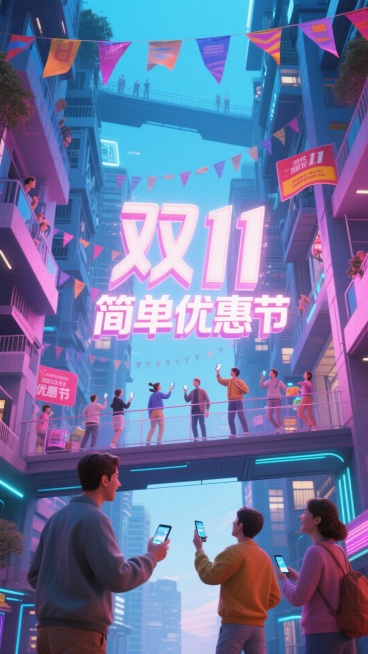打造未来社区感，居民楼间的空中连廊挂满促销彩旗，“双11简单优惠节” 的立体字悬浮半空，居民们通过智能设备交互抢购，柔和的科技光效中，传递出邻里共庆购物节的温馨冲击力。预览效果