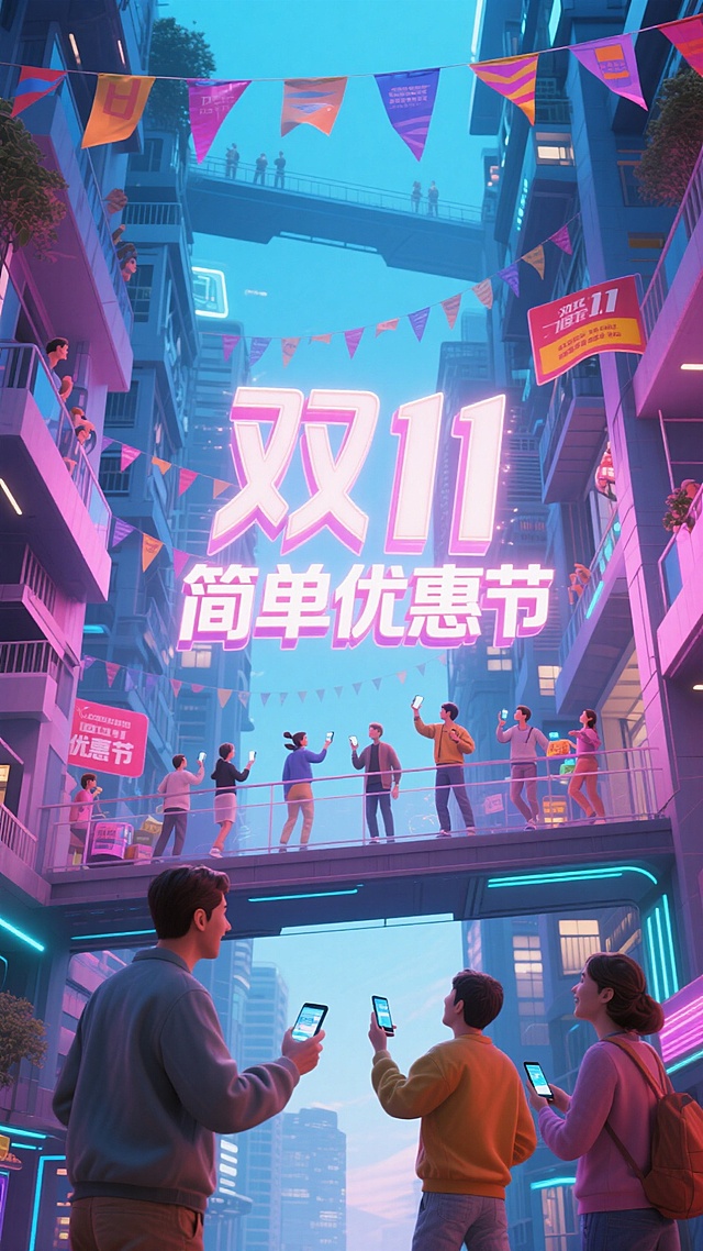赛博朋克风城市街景，霓虹灯与粒子光效交织，大字风“双11简单优惠节”悬浮空中，人群举手机互动，充满未来感、科技感与喜庆促销氛围。