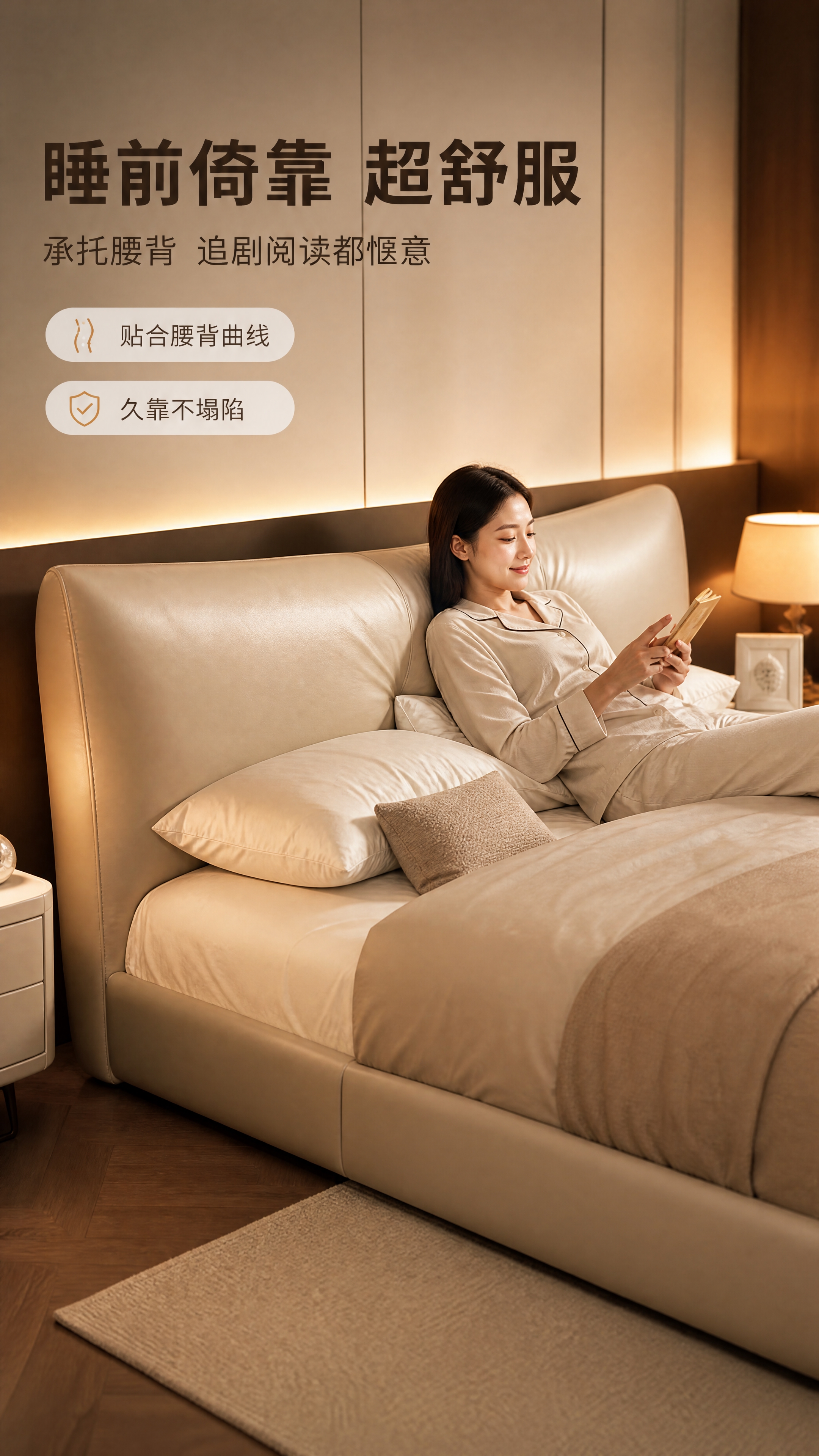 [商品] 使用【图1】浅卡其色皮质软包床头落地床；保留床头分段… - 图片创意预览