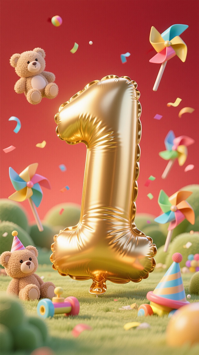 巨大的金色数字“1”的气球，可爱玩具元素悬浮在周围，暖色调，生日氛围，红色背景