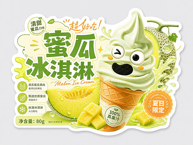 设计一张蜜瓜冰淇淋异形产品标签，参考图一水果标签排版风格和图二产品标签设计，采用可爱画风，高饱和度清新色彩，突出可爱搞怪的蜜瓜冰淇淋产品，标签上有醒目的文字"蜜瓜冰淇淋"，异形轮廓设计，整体活泼有设计感