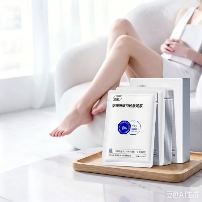 基于这张已有图片，在图2右下角的桌面上放置图1的足膜产品，产品放在长方形木质托盘上，托盘放在桌面上，产品尺寸稍微大一些，保持整体风格干净统一预览效果