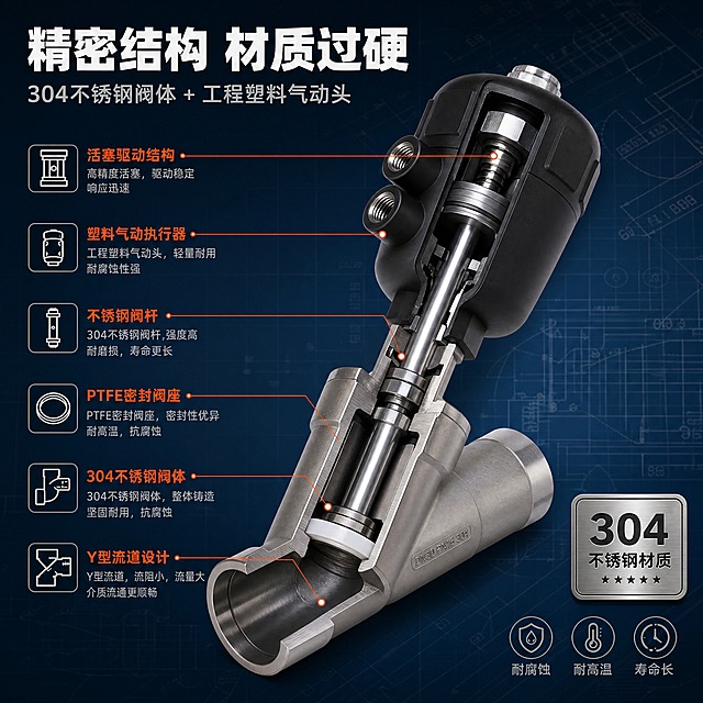 [商品] 使用【图8】气动角座阀结构剖视图+【图3】DN30实物图；保留剖视图的内部结构层次、密封圈、阀杆、阀芯、阀体流道、气动头内部活塞结构；保留实物图的外部比例与材质质感；将剖视图与实物结合，做半剖半实的结构展示。
[画面] 目标：结构材质解析，证明304不锈钢阀体与内部精密结构。构图：产品半剖结构居中展示，占画面约65%；左侧或右侧配结构标注引线，指向关键部件；背景为深蓝渐变+工程图纸纹理底纹。
[视觉] 套系策略：风格=工业五金专业商业摄影风+工程结构解析风；标题字=粗黑无衬线工业字体；正文字=简洁无衬线体；主色=深蓝藏青+银灰金属色；背景延展=深蓝渐变叠加工程图纸线条纹理；强调色=橙红色，用于结构引线和重点标注；标题色=纯白；正文色=浅银灰；组件=细线引线标注、材质色块说明、工程风图标；光影=侧光突出内部结构层次与金属截面质感。
[文字] 顶部主标题"精密结构 材质过硬"，副标题"304不锈钢阀体 + 工程塑料气动头"；结构引线标注6个关键部位：「304不锈钢阀体」「PTFE密封阀座」「不锈钢阀杆」「塑料气动执行器」「活塞驱动结构」「Y型流道设计」；全部文字横排，引线清晰指向对应部件。
[规格] 图片比例1:1，4K，负向提示：避免结构错乱、标注引线指错、材质颜色失真、文字模糊、卡通风格、竖排文字。