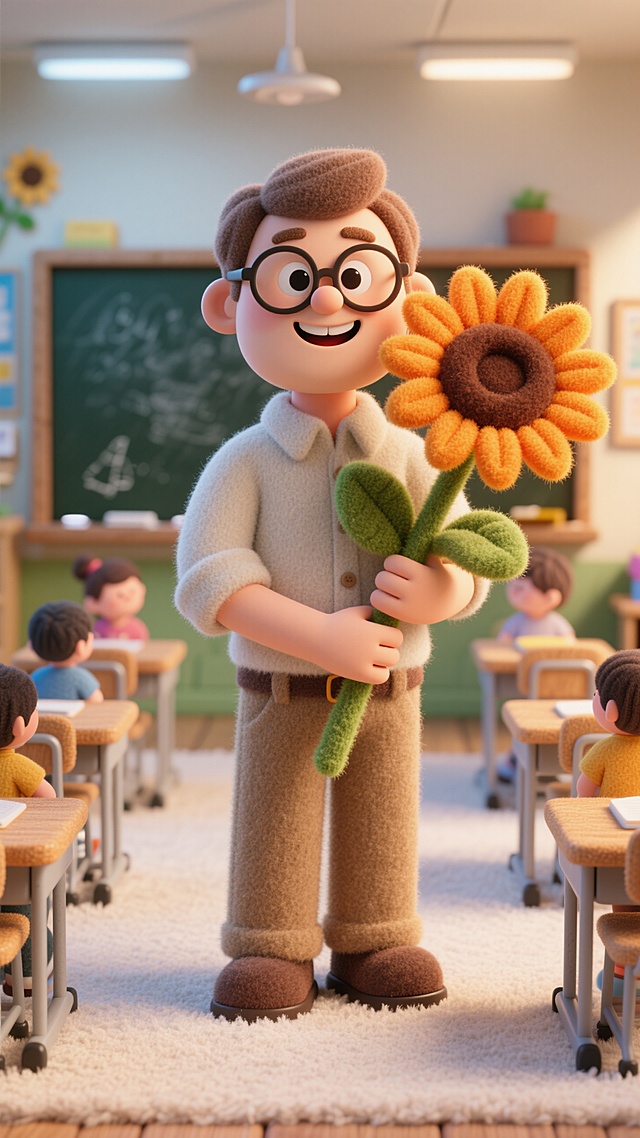 3D卡通风格，拟人化老师手持毛茸茸向日葵，教室温馨可爱，充满童趣。