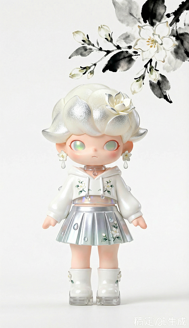 基于参考角色，保持原角色特征和发型不变，设计一套甜酷风格的现代衣服搭配，融入茉莉、清露元素，白色背景