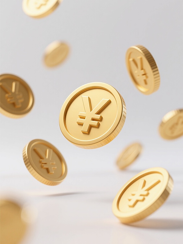 一张以纯净白色为背景的插画，背景留白占比70%，画面中散布着多枚金色的日元硬币，硬币上有清晰的日元符号“¥”。硬币呈现出立体的3D质感，表面有光滑的金属光泽，边缘带有一圈明亮的高光，底部有淡淡的阴影增强立体感。部分硬币处于悬浮状态，有的略微倾斜，有的带有模糊的运动轨迹，营造出轻盈、灵动的氛围。整体风格简洁干净，色彩明快，金色与白色形成鲜明对比，视觉层级清晰，突出硬币这一核心元素，信息传达直接高效。