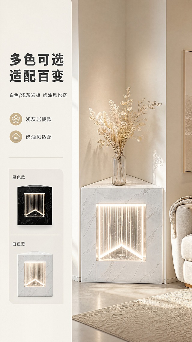 [商品] 使用【图1】轻奢流水玄关台结构；保留45度等腰三角形墙角造型、正面正方形发光水幕LED流水光效、厚实台面比例；将岩板材质颜色改为白色/浅灰色，带有细腻石材纹理，体现多色可选；产品结构与发光部件完全保真，仅颜色改为浅色系。
[画面] 目标：多色可选展示，奶油风浅色款场景。左文右图构图，左侧文案区，右侧奶油风客厅角落场景；产品靠墙角摆放，占画面约55%，台面放置浅色干花与透明玻璃花瓶；背景奶白色墙面，浅色地毯，微水泥地面；自然光从侧面柔和洒落，温馨明亮，高级轻奢，黑白极简的另一种表达。
[视觉] 套系策略：风格=现代轻奢极简建筑摄影风；标题字=现代无衬线粗体（思源黑体Heavy）；正文字=简洁无衬线体（思源黑体Regular）；主色=奶白+浅灰+暖米；背景延展=基于奶油白与浅灰做深浅层级、微水泥/织物质感；强调色=暖白色（LED流水光），仅用于发光水幕、小面积图标高亮；标题色=深暖灰/炭灰；正文色=中暖灰；组件=圆角奶白信息卡、细线引线、花系icon；光影=侧面柔和自然光+产品自发光，温馨明亮，软调光影。
[文字] 左侧竖列文案：主标题"多色可选 适配百变"（8字），副标题"白色/浅灰岩板 奶油风也搭"（12字），2条亮点"浅灰岩板款""奶油风适配"；配"黑色款 / 白色款"双色小图示意，文案不遮挡产品，全部横排。
[规格] 图片比例9:16竖版，4K，负向：变形、错字、文字过小、冷蓝主色、产品结构失真、颜色过于惨白、纹理消失、竖排文字。