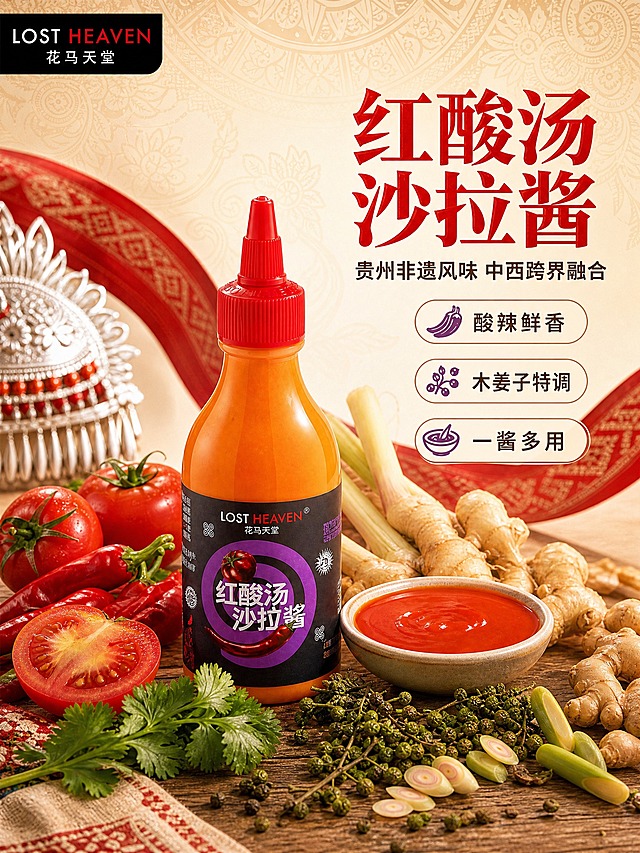 将这张1:1的电商主图扩展为3:4竖版比例，保持产品瓶身完整居中，上下方向扩展画面空间。产品为花马天堂红酸汤沙拉酱，橙色挤压瓶身配红色尖嘴盖，黑色标签带紫色圆环图案。画面左侧保留番茄、红辣椒、苗族银饰等原料和民族元素，右侧保留产品名称和三个卖点图标。整体风格为国风食欲感，暖米色调背景配红色民族纹样装饰。自然暖光从侧上方照射，产品质感通透有光泽。文字保持清晰可读，字体为粗体书法风标题字，红色主标题配深棕色辅助文字。画面上下扩展区域延续原背景的米色纹理和红色民族纹样装饰，顶部增加苗族纹样暗纹，底部增加木质桌面和更多香料原料（木姜子、香茅、姜等），让整体构图更饱满。产品占画面约50%，位于中间偏下位置，上方留出标题空间。