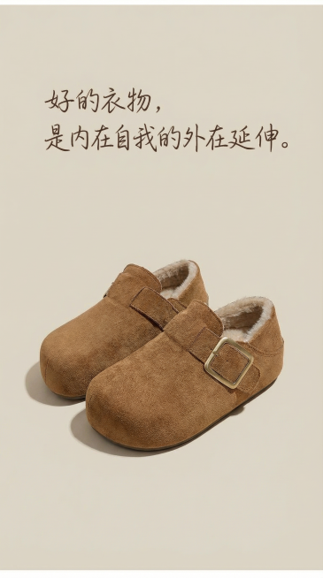 干净的背景，居中一句手写体风格的话：“好的衣物，是内在自我的外在延伸。”预览效果