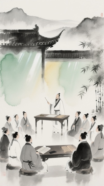 中国水墨画风格的教师节画面，定格古代书院讲学场景。师者于案几后授业，众学子着古装恭敬围坐。背景融入中式飞檐，淡染山水，缀以竹叶。以水墨黑白灰为主调，浅绿、浅黄作柔和点缀。案几、简牍等细节，共筑古朴典雅预览效果