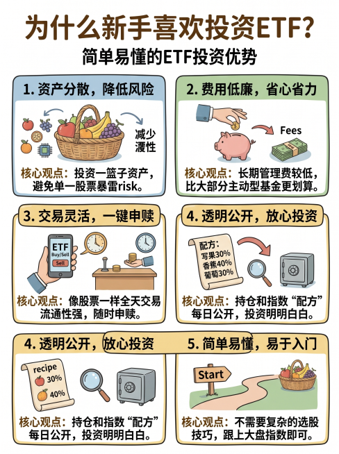 金融理财科普插画，标题"为什么新手喜欢投资ETF？",五个圆角框分别展示投资者选择ETF的五个原因，配简约小图标，手绘卡通风格，和参考图风格一致，清淡配色，排版清晰，3:4比例预览效果